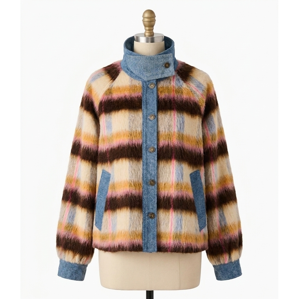 NEW STEVE MADDEN kaylen wool blend plaid mixed media jacket in forever blue